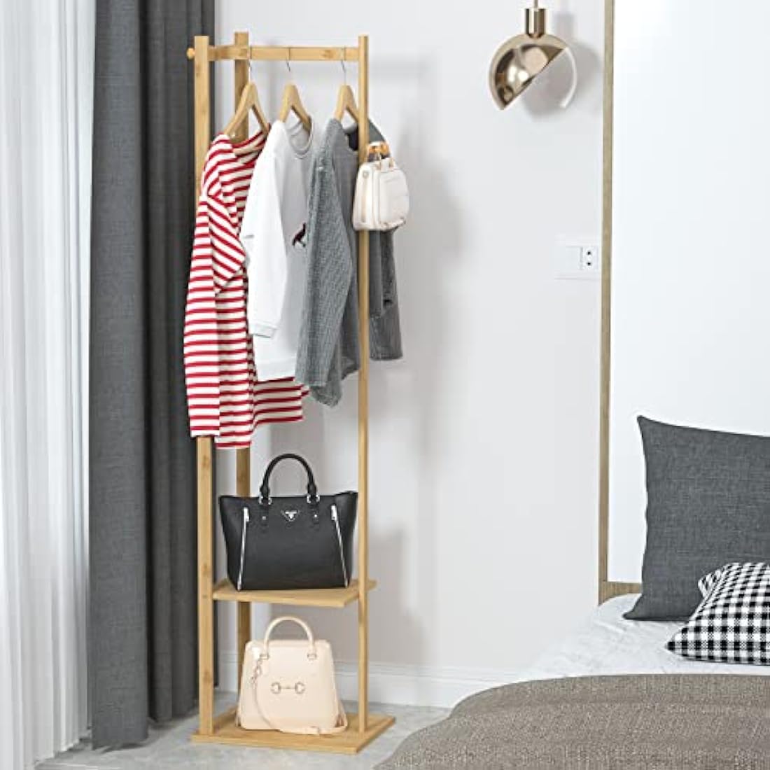 unho Bamboo Corner Coat Rack – Free Standing Hall Tree with 2 Shelves