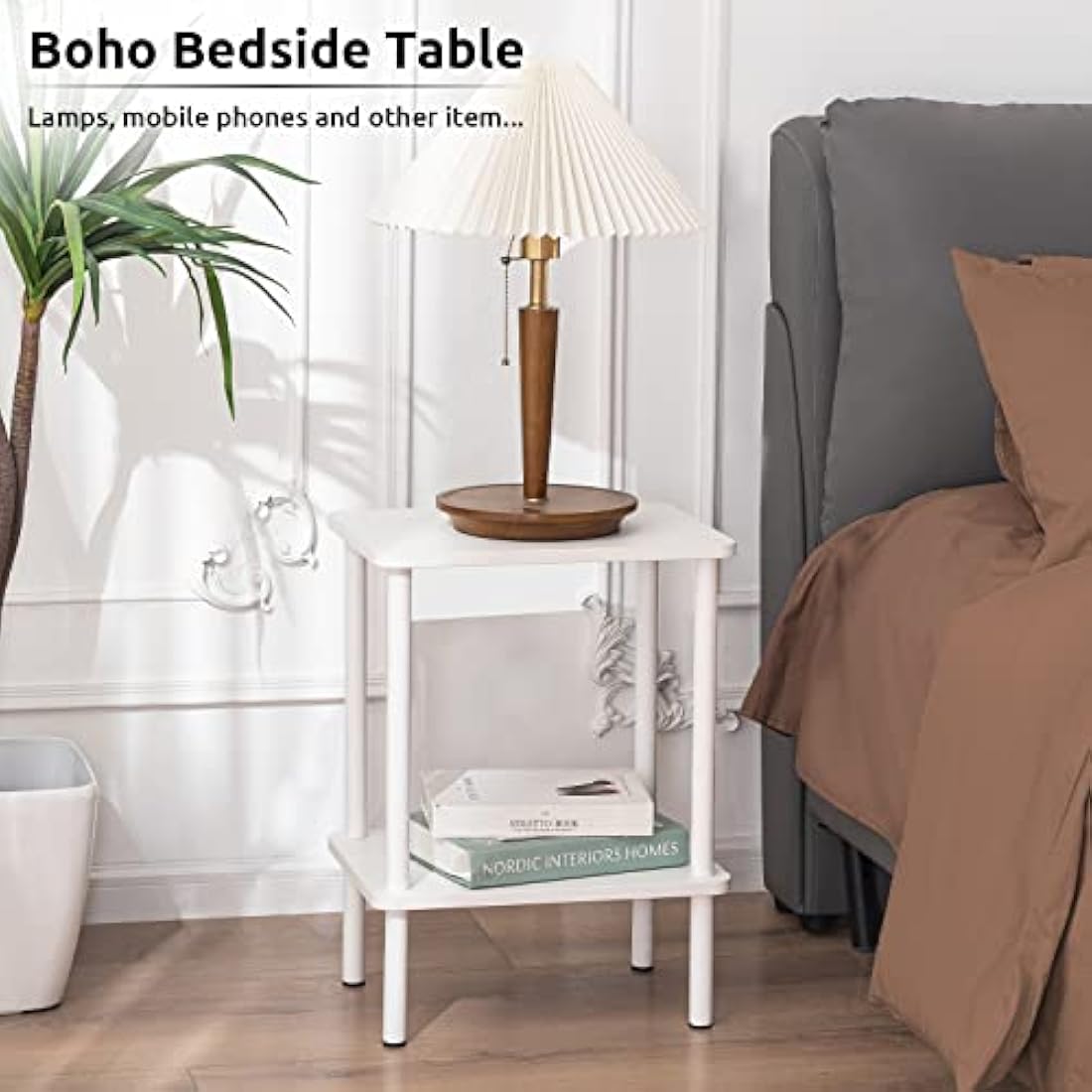 Apicizon 2-Tier Side Table – White Modern Nightstand for Small Spaces
