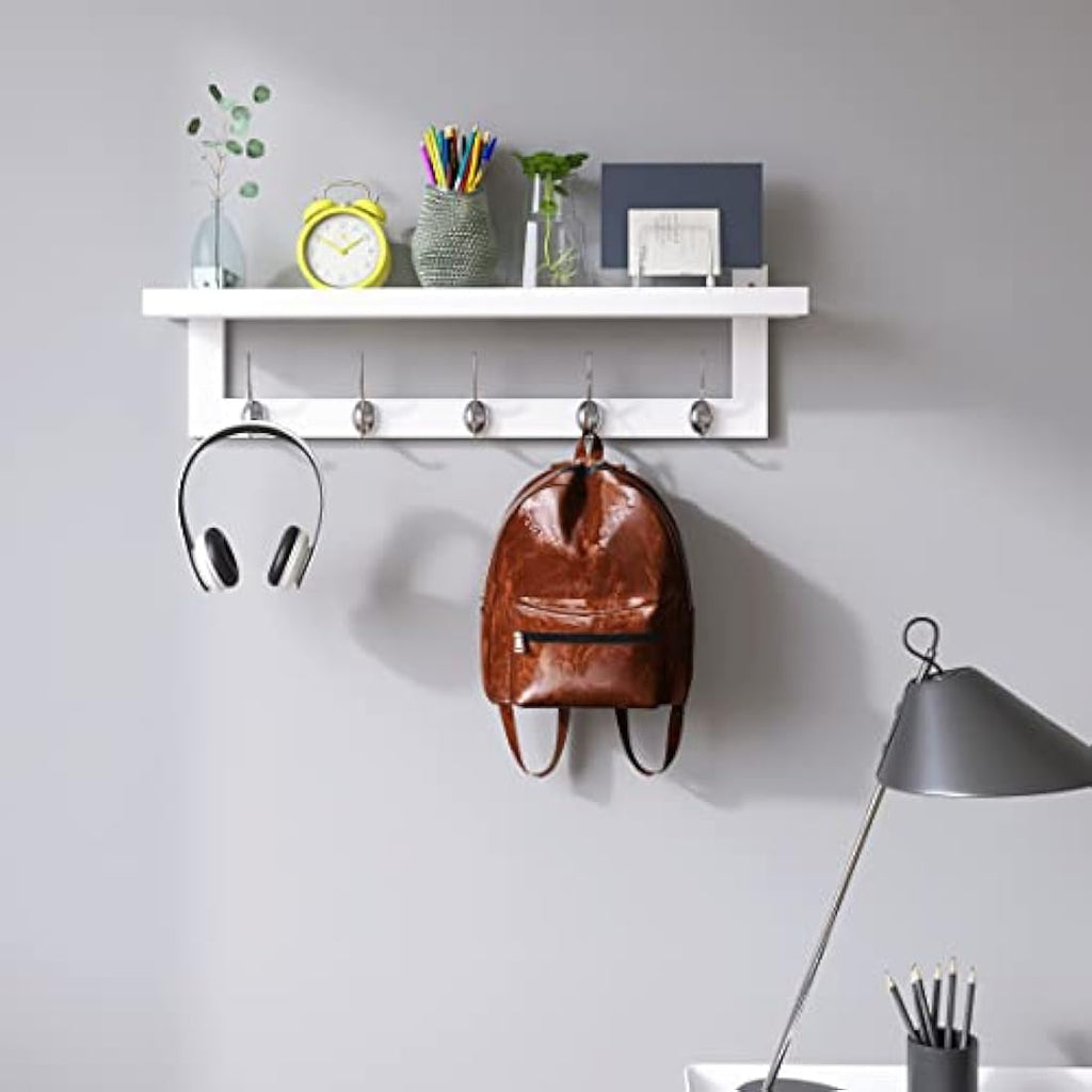 SMIBUY Bamboo Wall-Mounted Coat Rack with Shelf - 5 Double Hooks, White