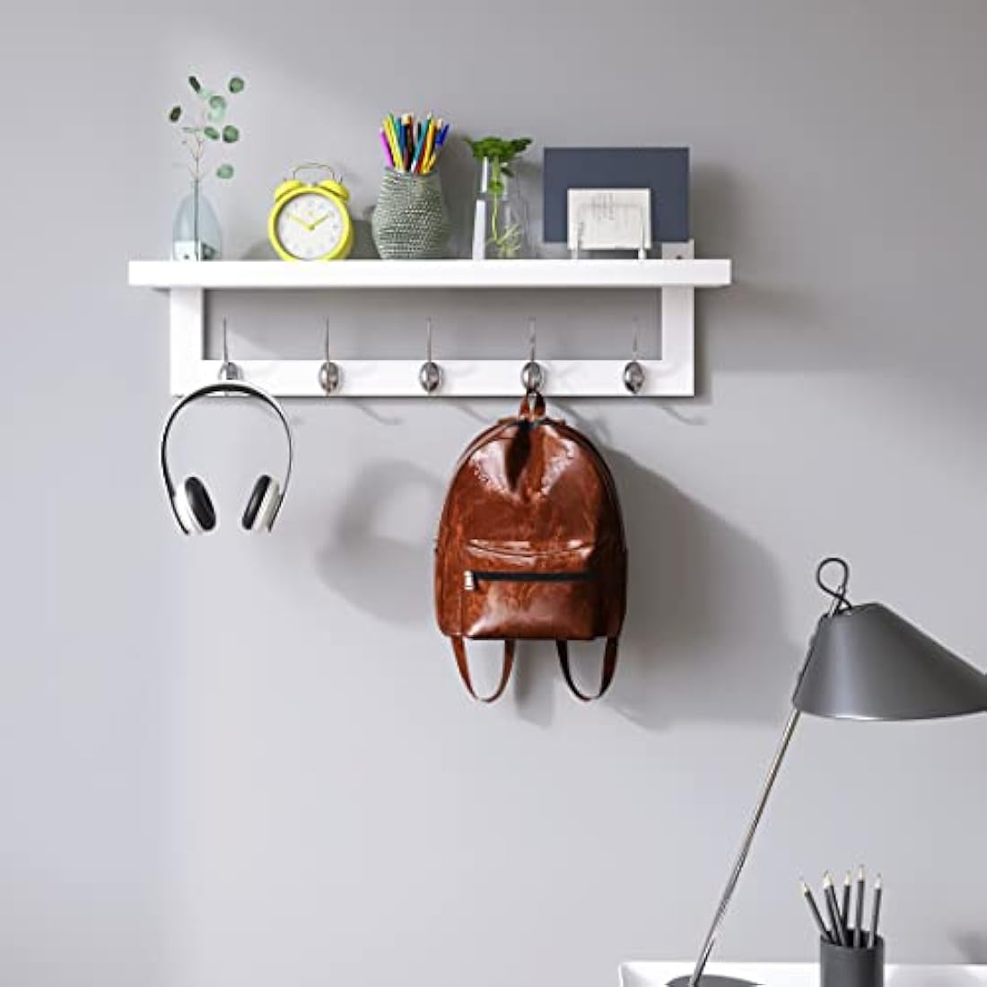 SMIBUY Bamboo Wall-Mounted Coat Rack with Shelf - 5 Double Hooks, White