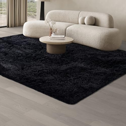 JOJOSEE Black Shaggy Area Rug – 160x230cm Non-Slip Fluffy Living Room Mat