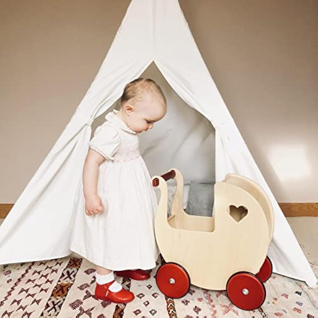 Moover Classic Wooden Doll's Pram – Pink Birch Plywood Push Along Toy