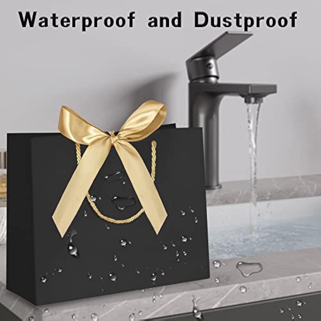 Luxury Paper Gift Bags with Gold Ribbon - 10 Pack, Black