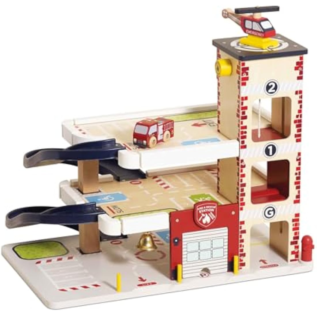Le Toy Van Wooden 3 Storey Fire & Rescue Garage Toy Car Play Set