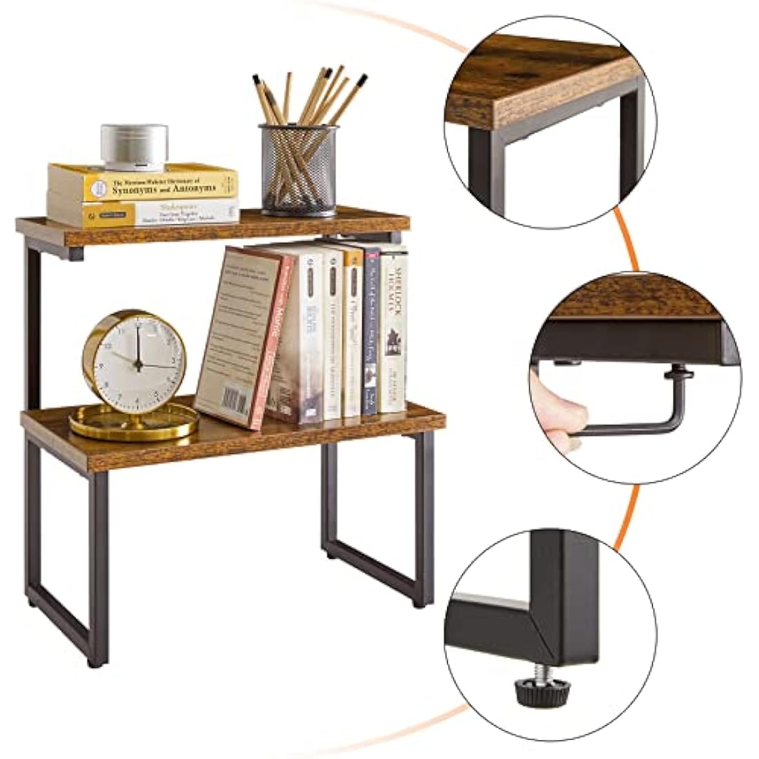 IBUYKE 2-Tier Spice Rack – Rustic Wood & Metal Kitchen Countertop Organizer