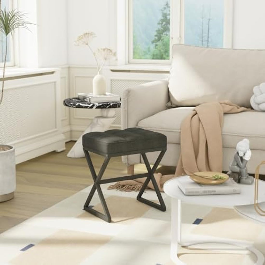 YMYNY Linen Vanity Stool – Square Ottoman Bench with X-Shaped Metal Legs