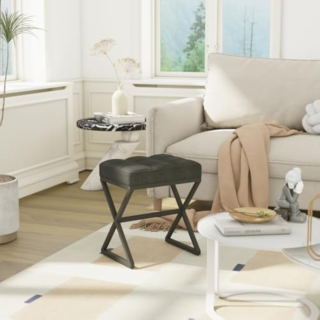 YMYNY Linen Vanity Stool – Square Ottoman Bench with X-Shaped Metal Legs