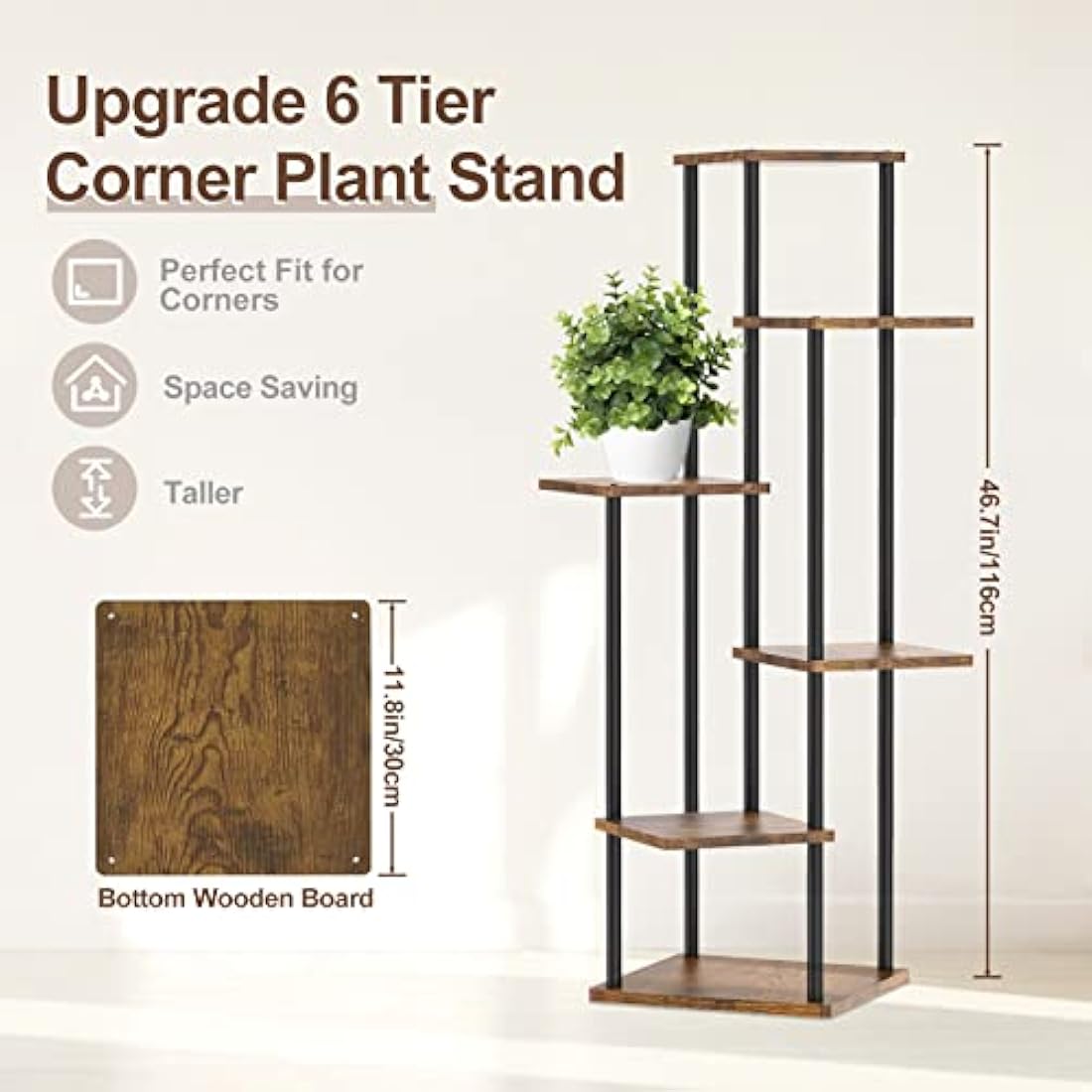 6-Tier Corner Plant Stand – 115cm Metal & Wood Flower Rack