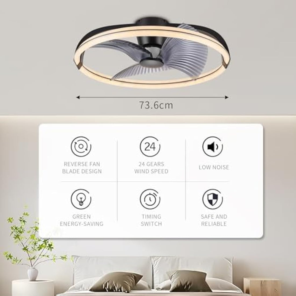 BKZO 73cm LED Ceiling Fan Light | 6-Speed Stepless Dimming Modern Fan