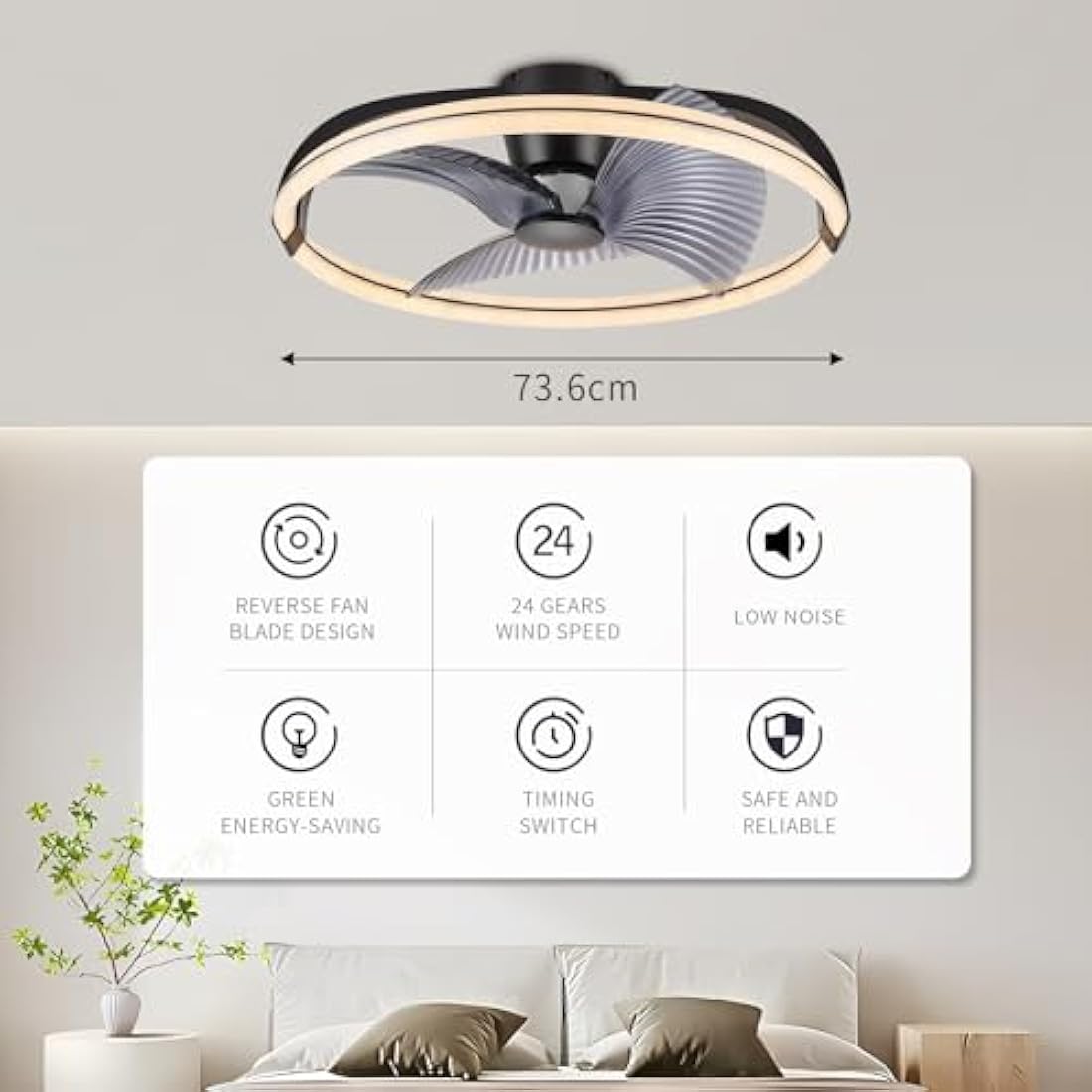 BKZO 73cm LED Ceiling Fan Light | 6-Speed Stepless Dimming Modern Fan