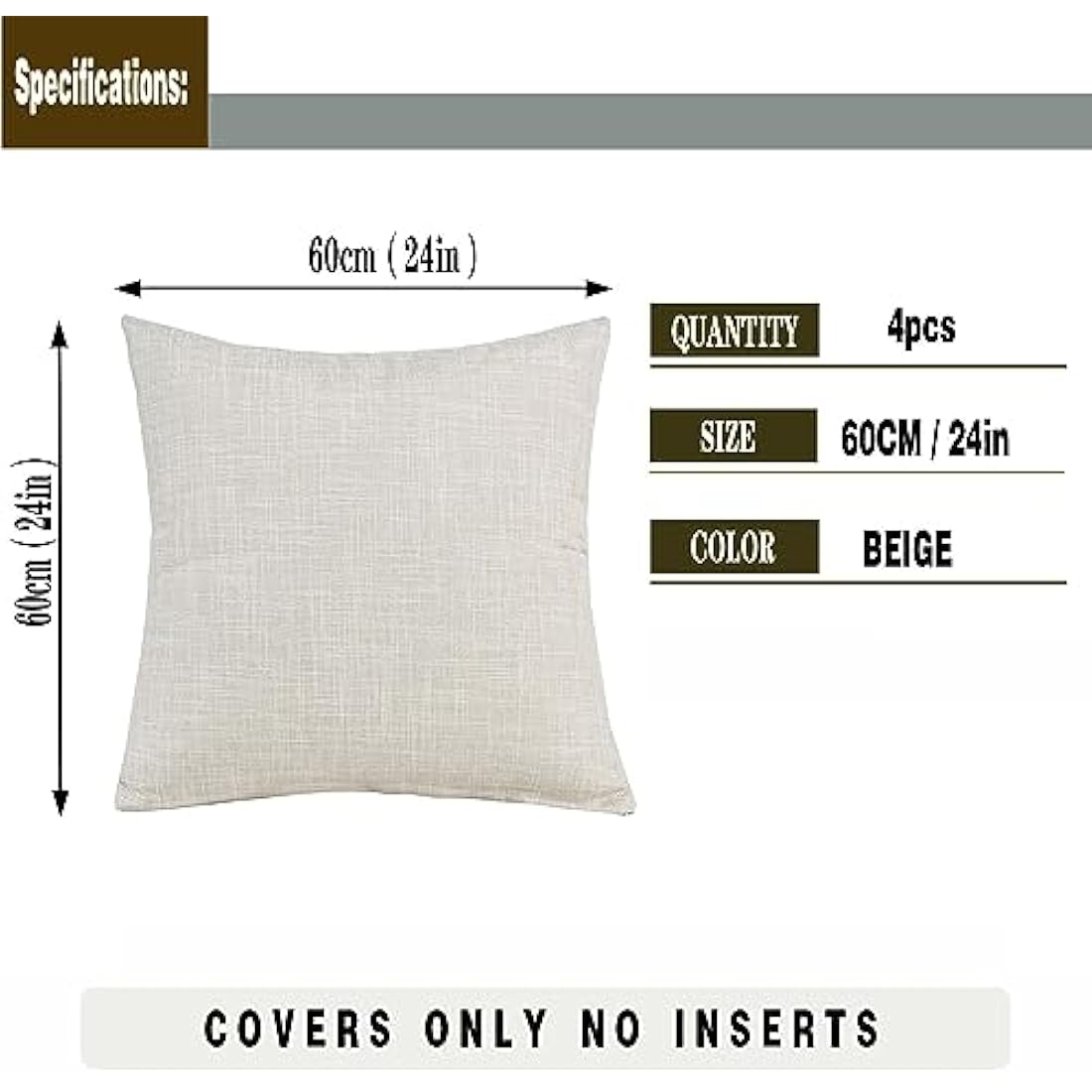 GONOVE Cotton Linen Cushion Covers 60x60cm – Set of 4 Decorative Beige