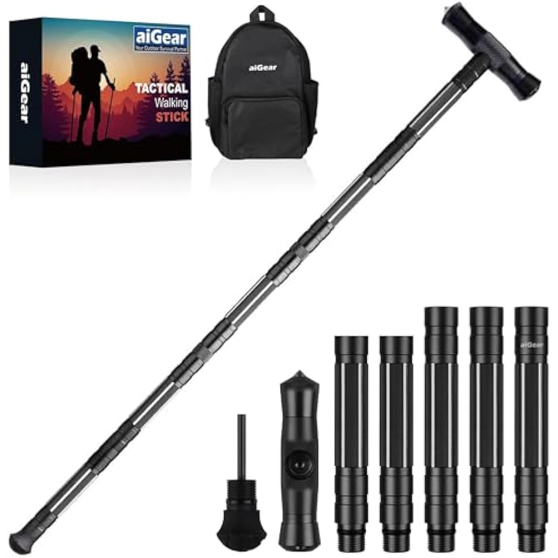 aiGear Tactical Trekking Poles | Adjustable Aluminum Hiking Stick - Black
