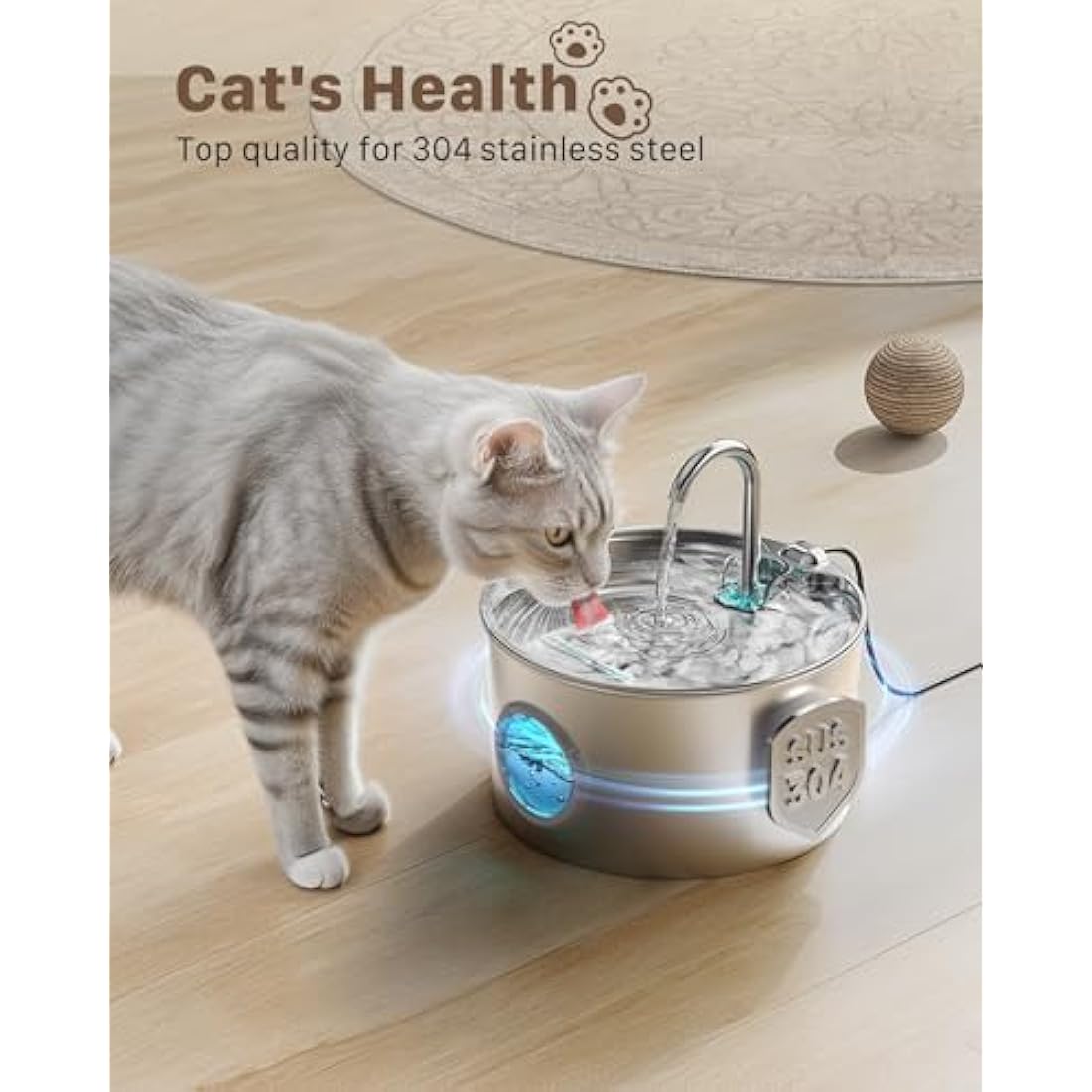 GIOTOHUN Stainless Steel Cat Water Fountain – 2.2L Quiet Pet Dispenser