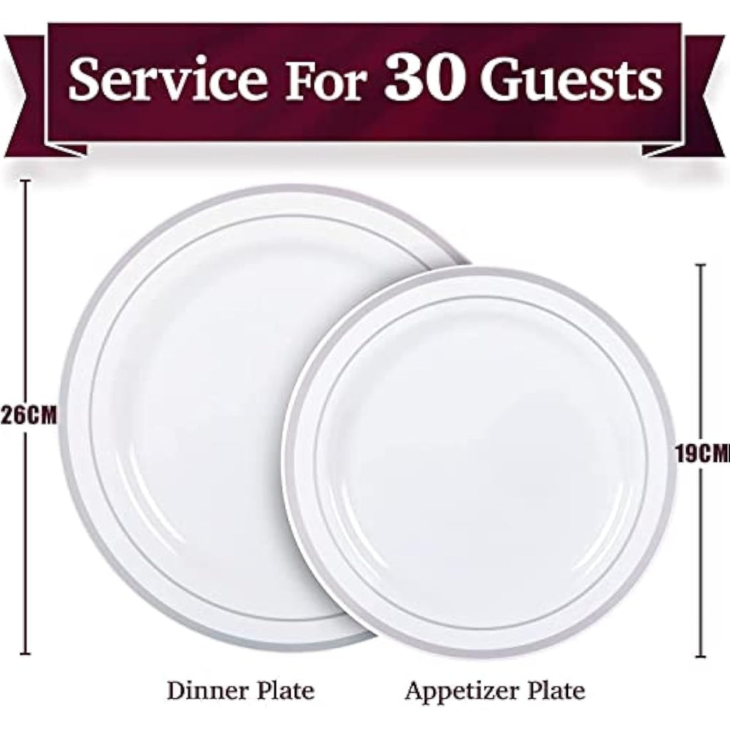 LATERN 60Pcs Silver Rim Plastic Dinnerware Set | Reusable Party Plates