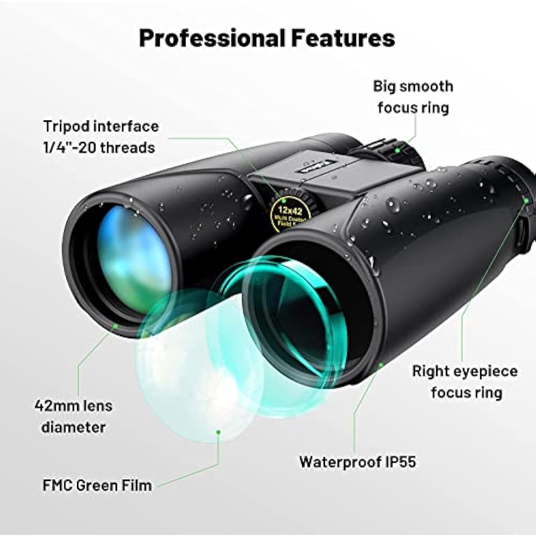 Kylietech 12x42 High Power Binoculars | BAK4 Prism Waterproof Optics