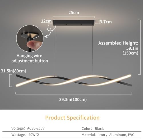Mikeru 100CM Wave LED Pendant Light | Black Dimmable Modern Chandelier
