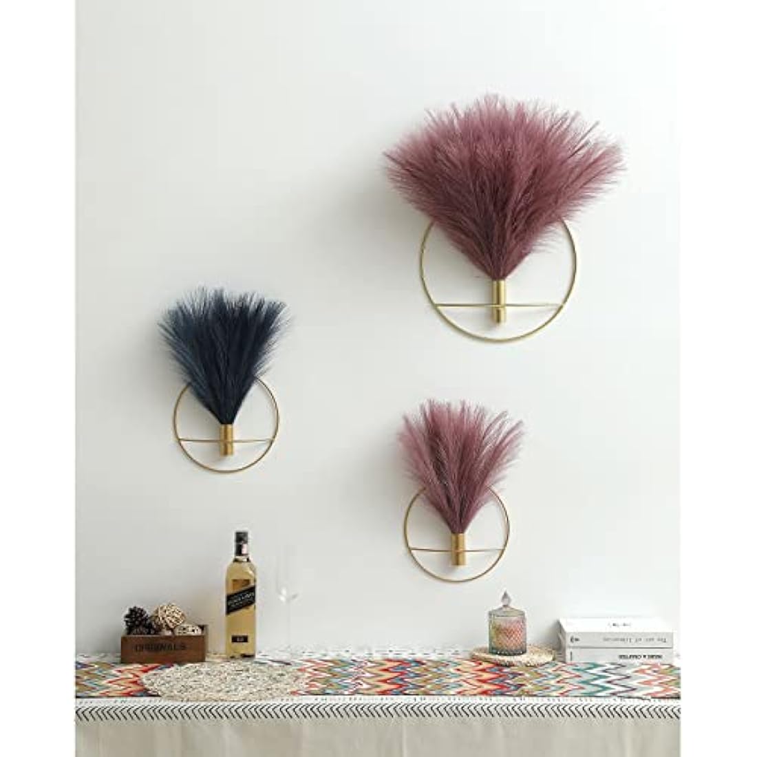 Metal Wall Vase Decor – 2 Pack Gold Ring with Pampas Grass