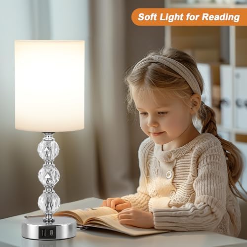 Aooshine Crystal Touch Bedside Lamp | 3-Way Dimmable with USB-C+A Ports