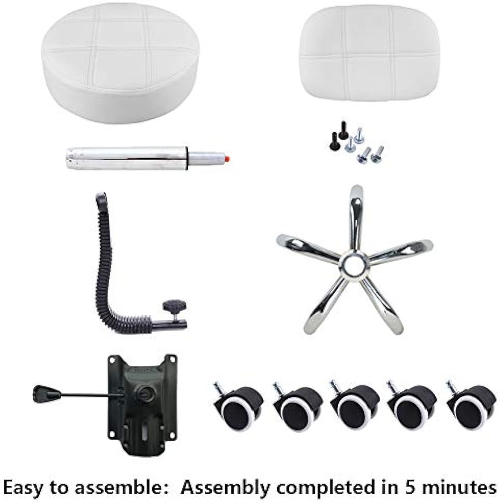 KKTONER Round Rolling Stool with Back - White PU Leather Swivel Chair