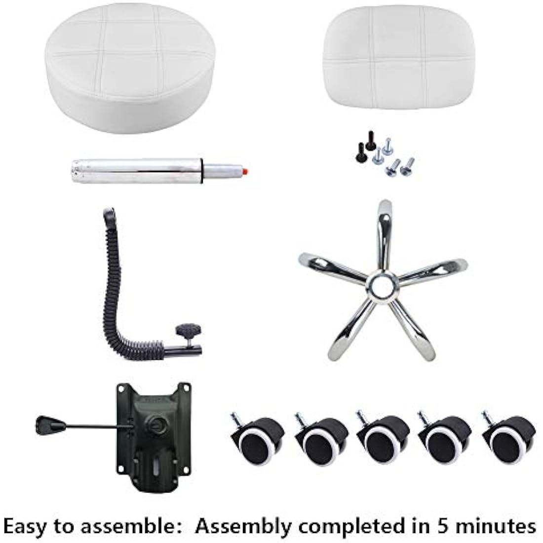 KKTONER Round Rolling Stool with Back - White PU Leather Swivel Chair