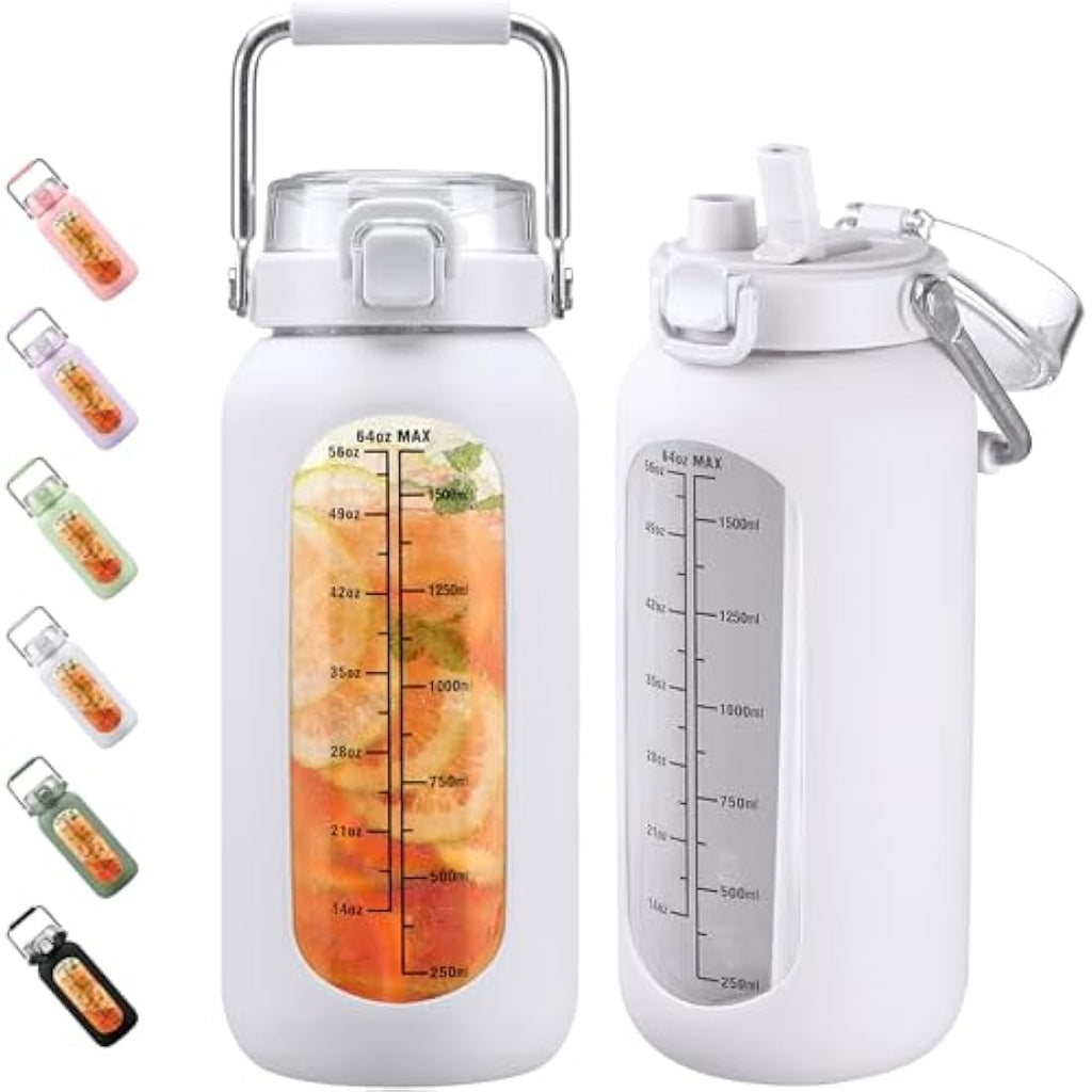 BLUEGO 2L Glass Water Bottle with Time Marker and Straw – White