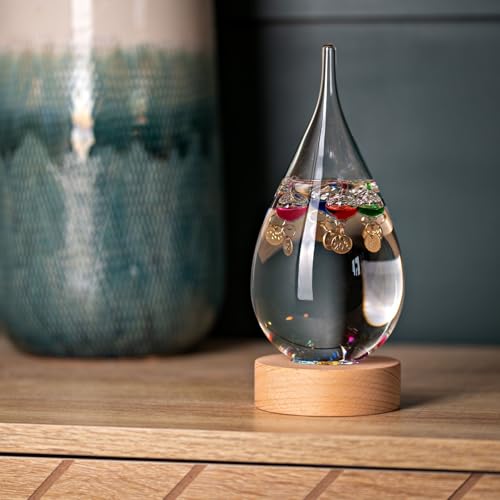 Widdop Galileo Thermometer – Tear Drop Glass on Wooden Stand, 19.5cm