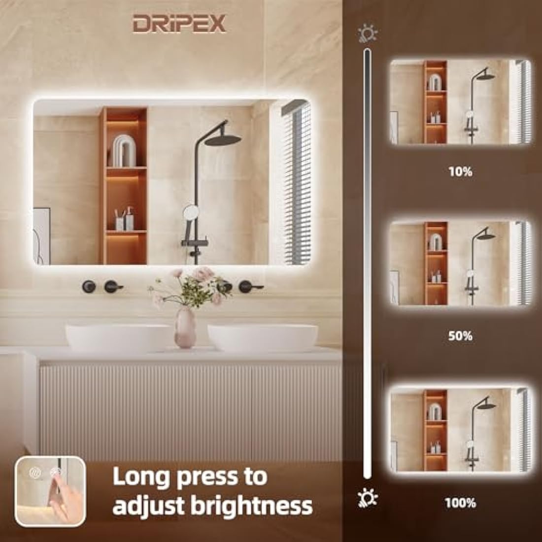 Dripex LED Bathroom Mirror | 60x100cm Backlit Anti-Fog Dimmable Mirror