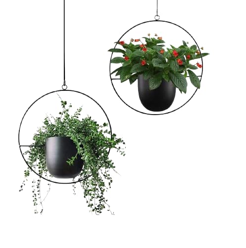 Funtabee Mid-Century Modern Hanging Planter | Black Metal Pots, 2-Pack