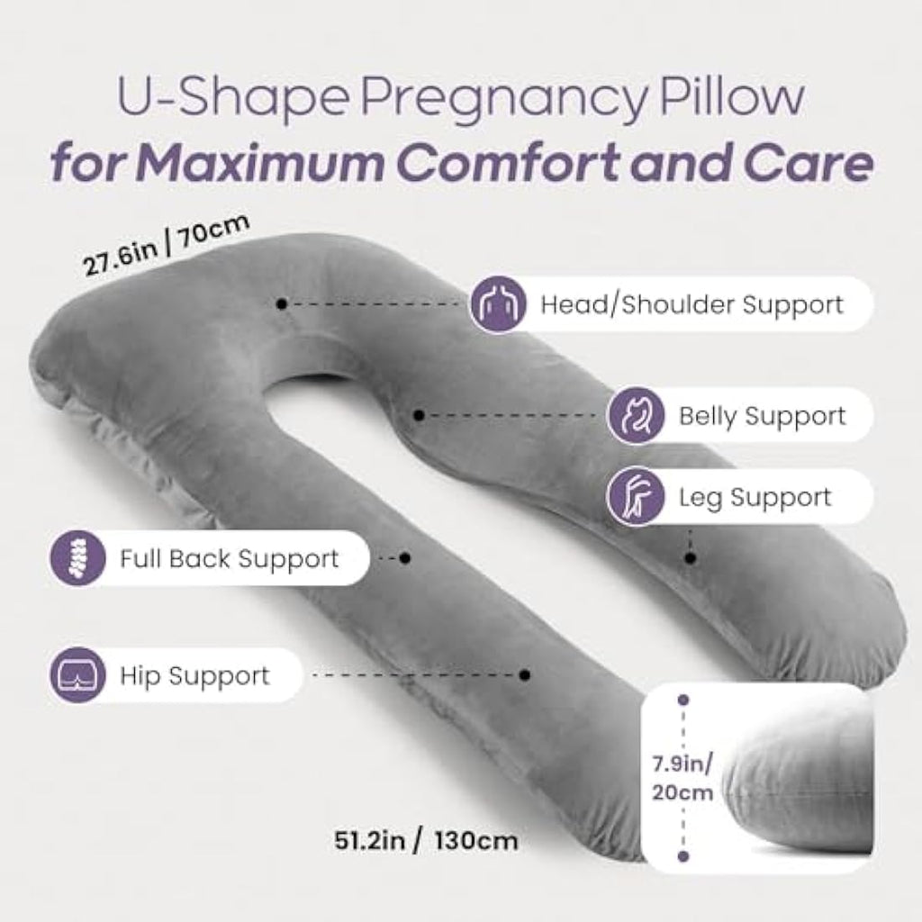Nuliie U-Shaped Pregnancy Pillow | Full Body Support Velvet Cover - Grey