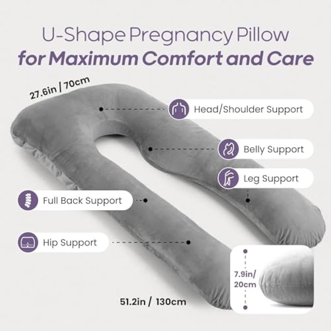 Nuliie U-Shaped Pregnancy Pillow | Full Body Support Velvet Cover - Grey