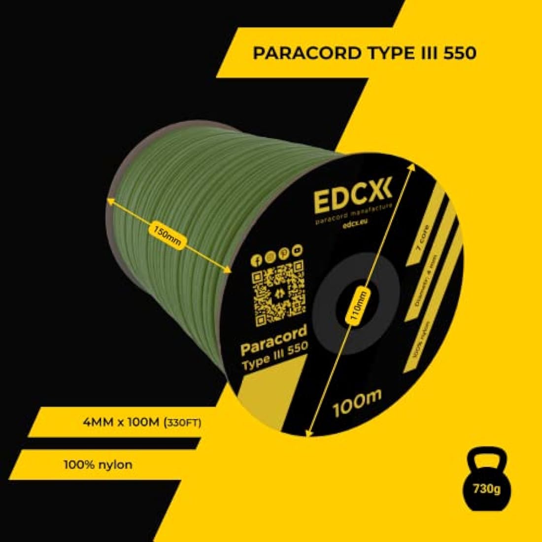 EDCX 550 Paracord Type III – 4mm 100% Nylon Rope for DIY and Camping