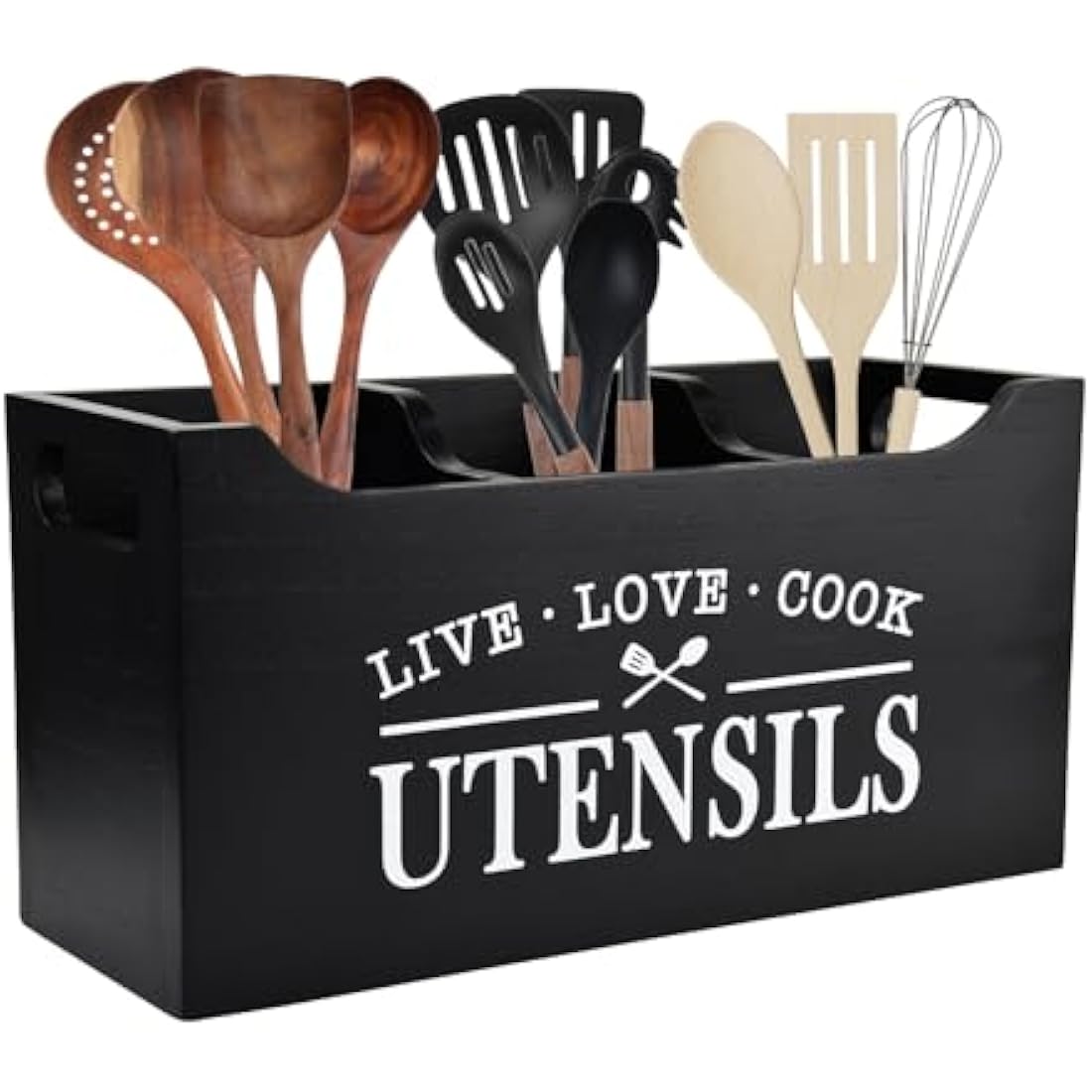 Karisky Wood Utensil Holder | 3-Compartment Farmhouse Kitchen Organizer