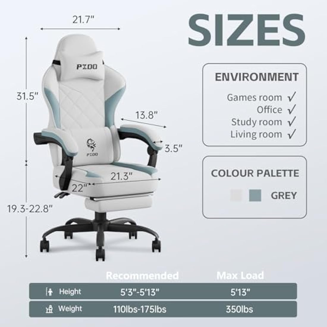 PZDO Ergonomic Office Chair with Footrest | Reclining Tech Fabric - Gray