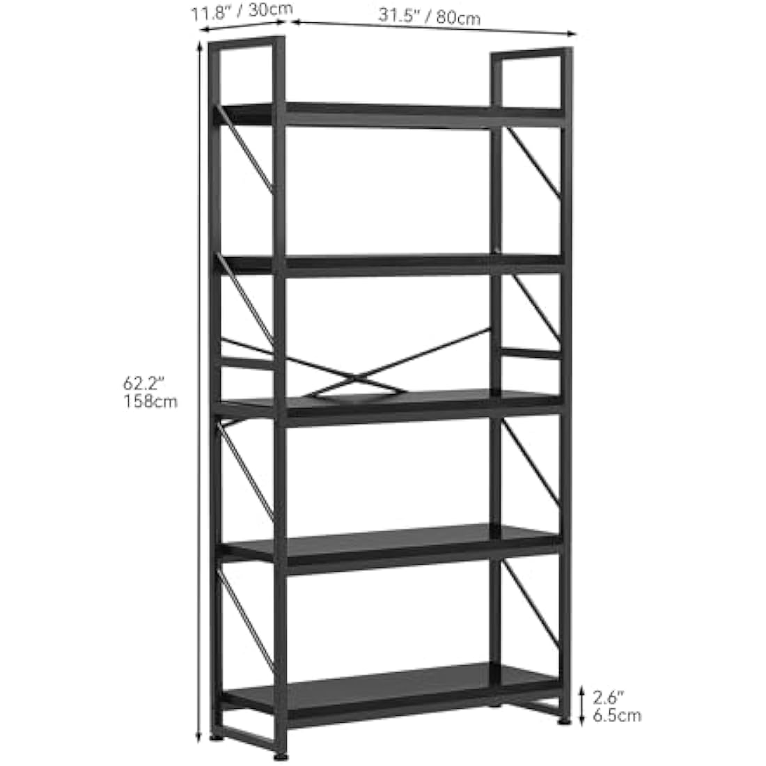 Jolof Store 5-Tier Industrial Bookcase – Rustic Wood and Metal Shelf