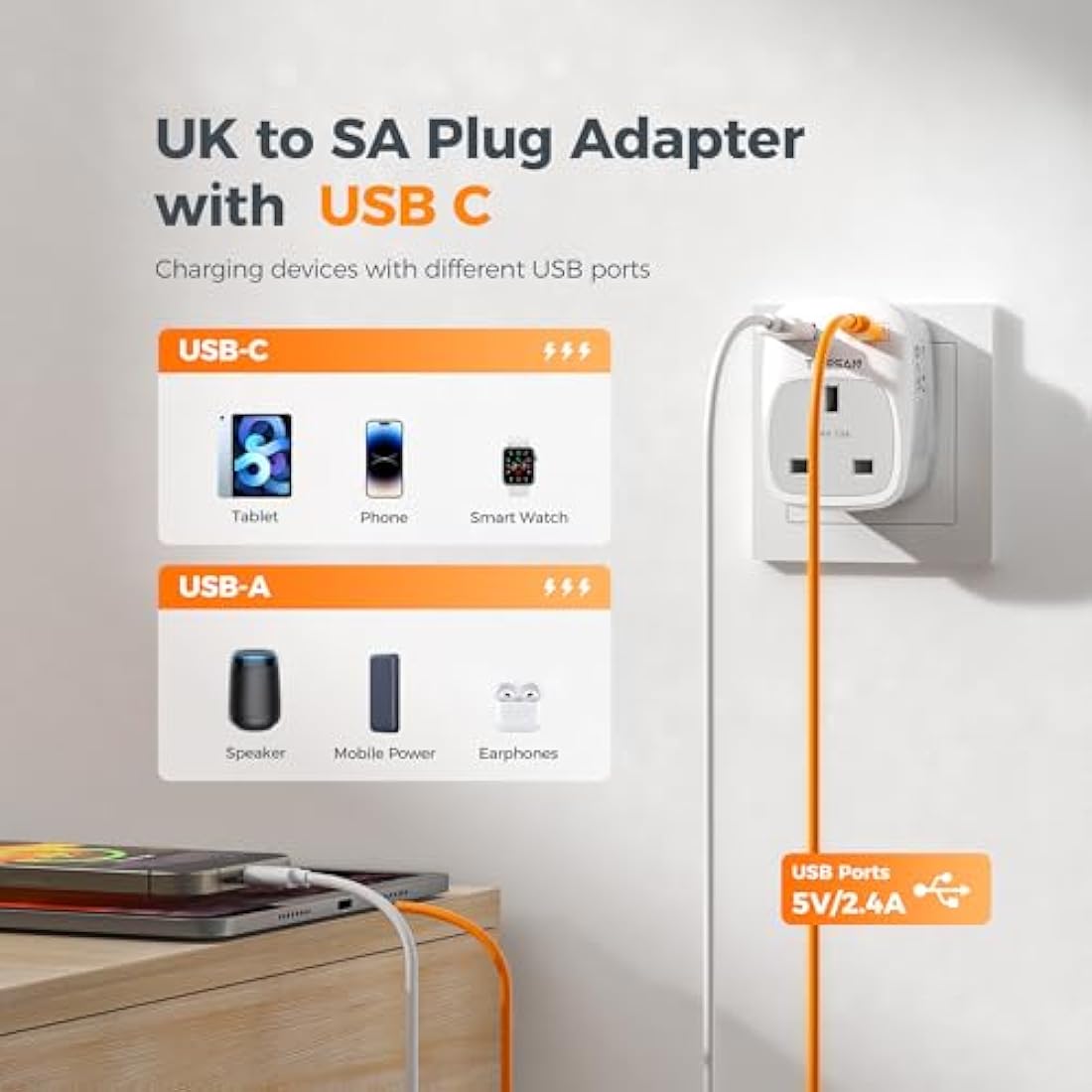 TESSAN UK to South Africa Plug Adapter 2 Pack | Type M with USB C