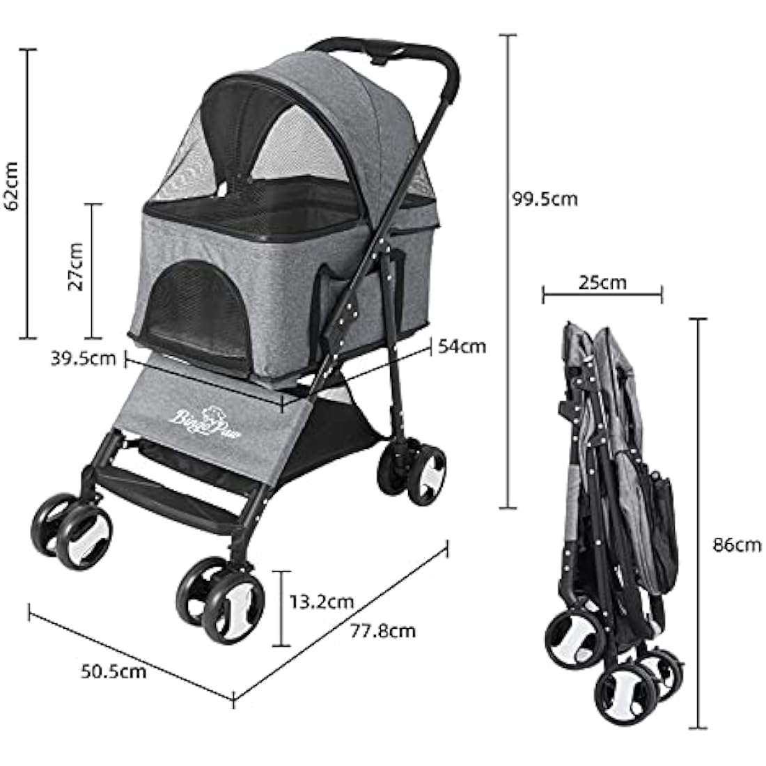 Bingopaw Foldable Pet Stroller | 4-Wheel Dog & Cat Pram with Rain Cover