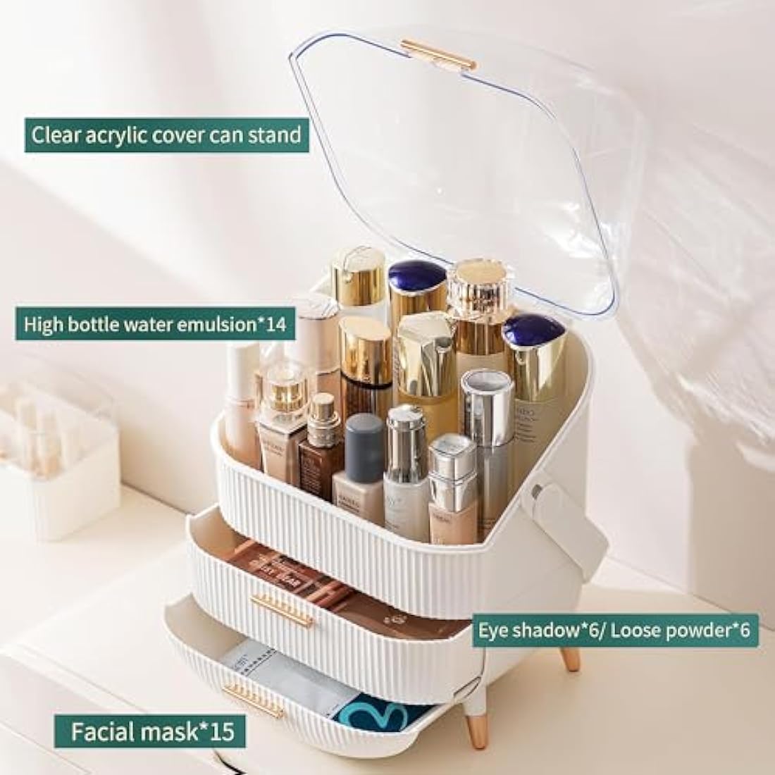 Kousee Makeup Organiser | Dustproof Cosmetic Display Case with Lid - White
