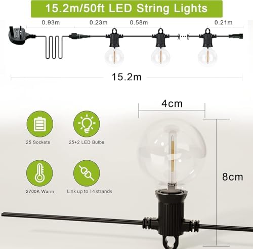 Kawaya Festoon Lights Outdoor 15M 50FT - Waterproof LED Garden String Lights