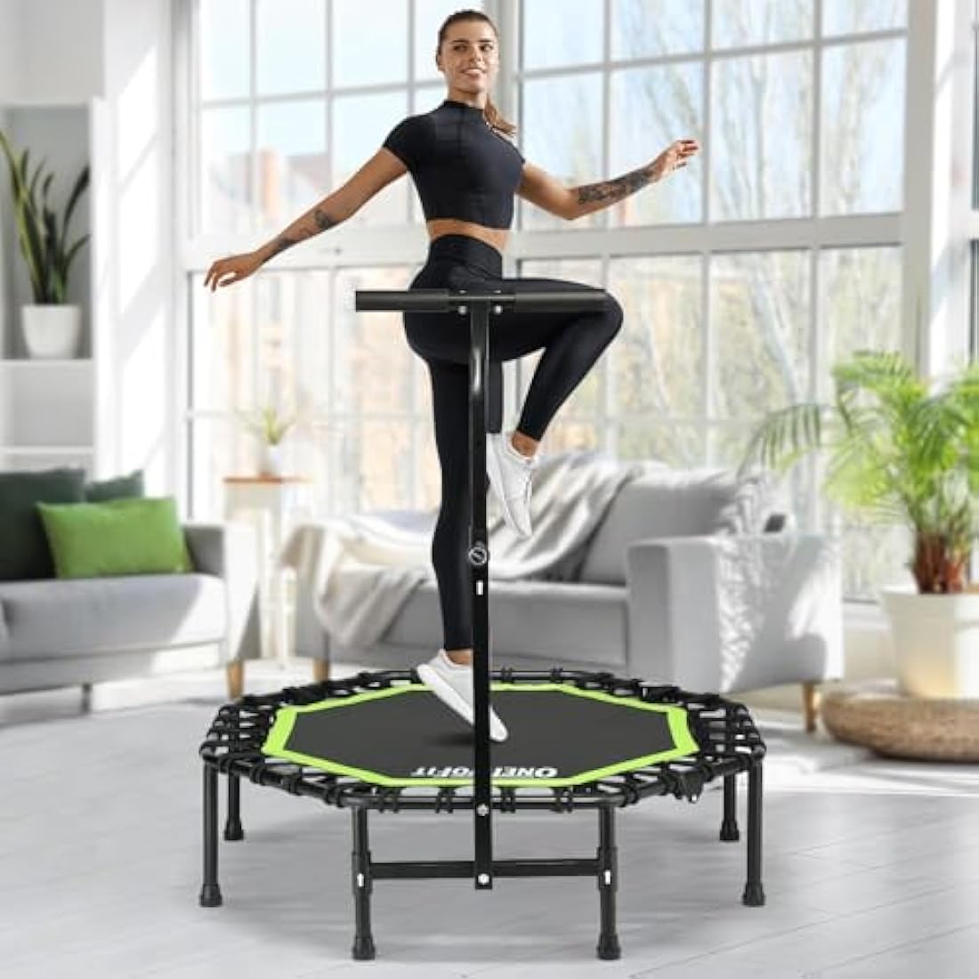 ONETWOFIT Foldable Fitness Trampoline | 330lbs Rebounder with Handle