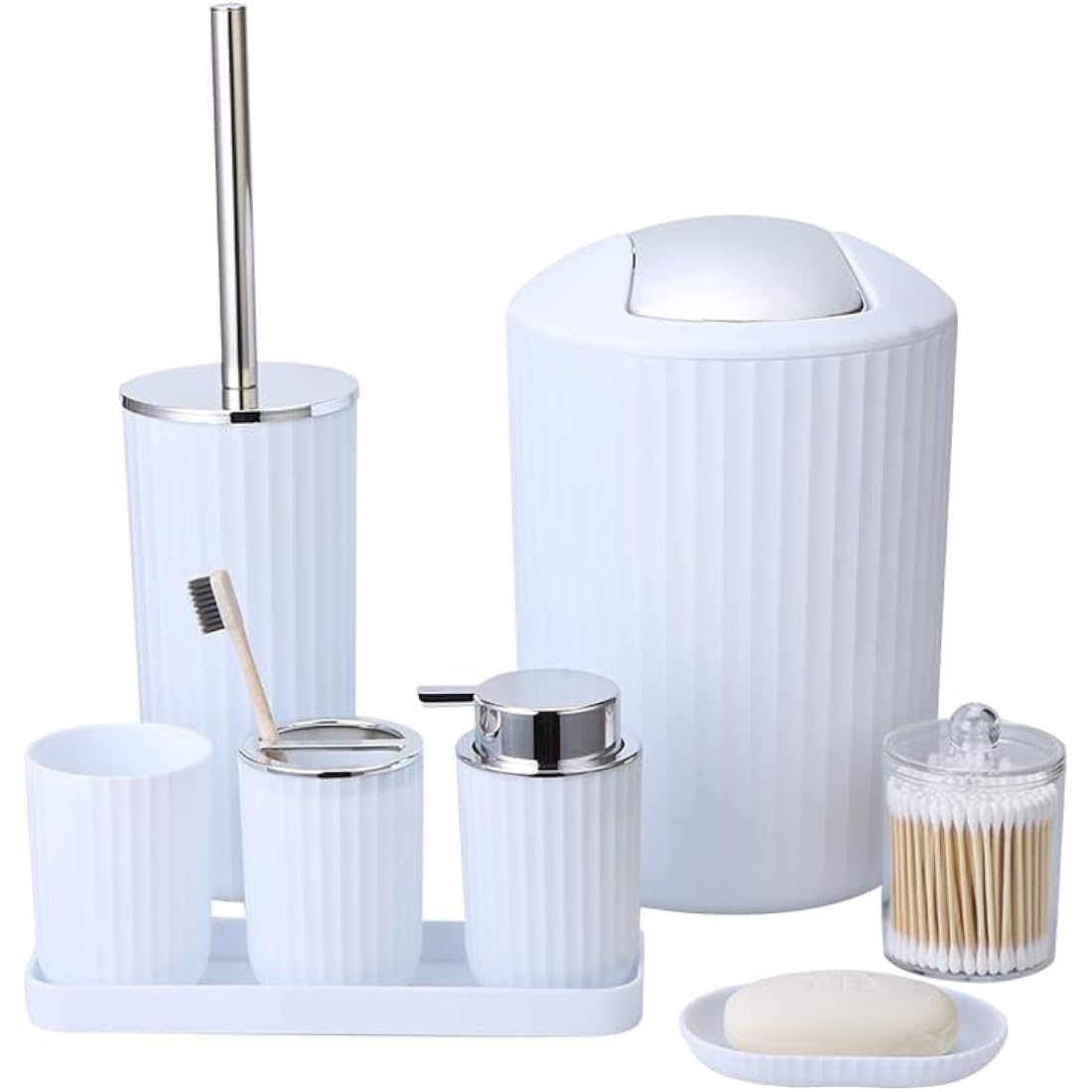 8-Piece Bathroom Accessories Set with Trash Can – White
