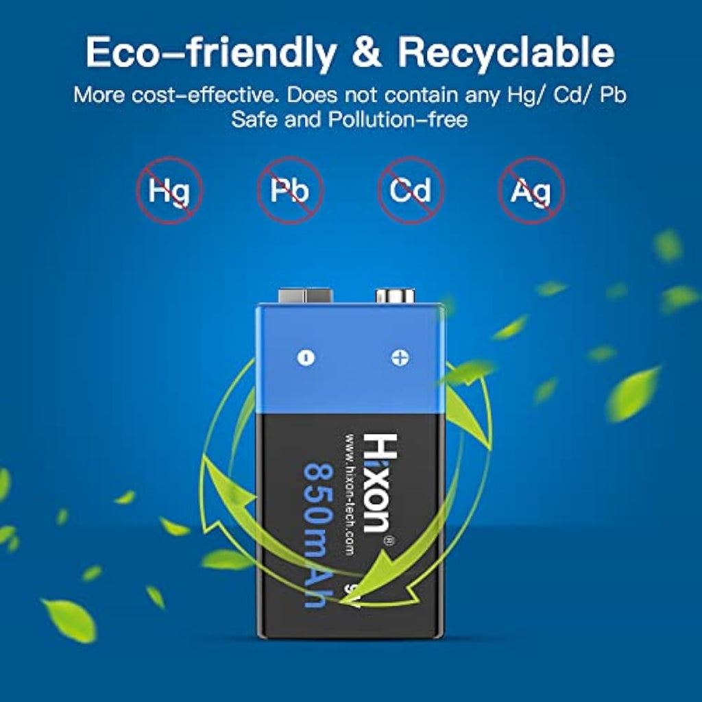 Hixon 9V Rechargeable Lithium-ion Batteries 850mAh with 4-Slot Charger