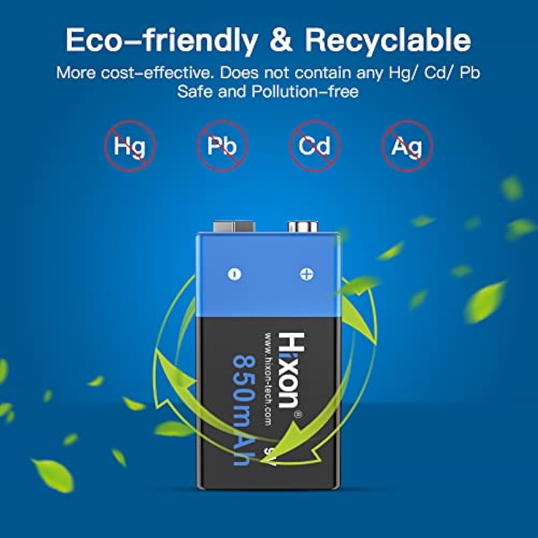 Hixon 9V Rechargeable Lithium-ion Batteries 850mAh with 4-Slot Charger
