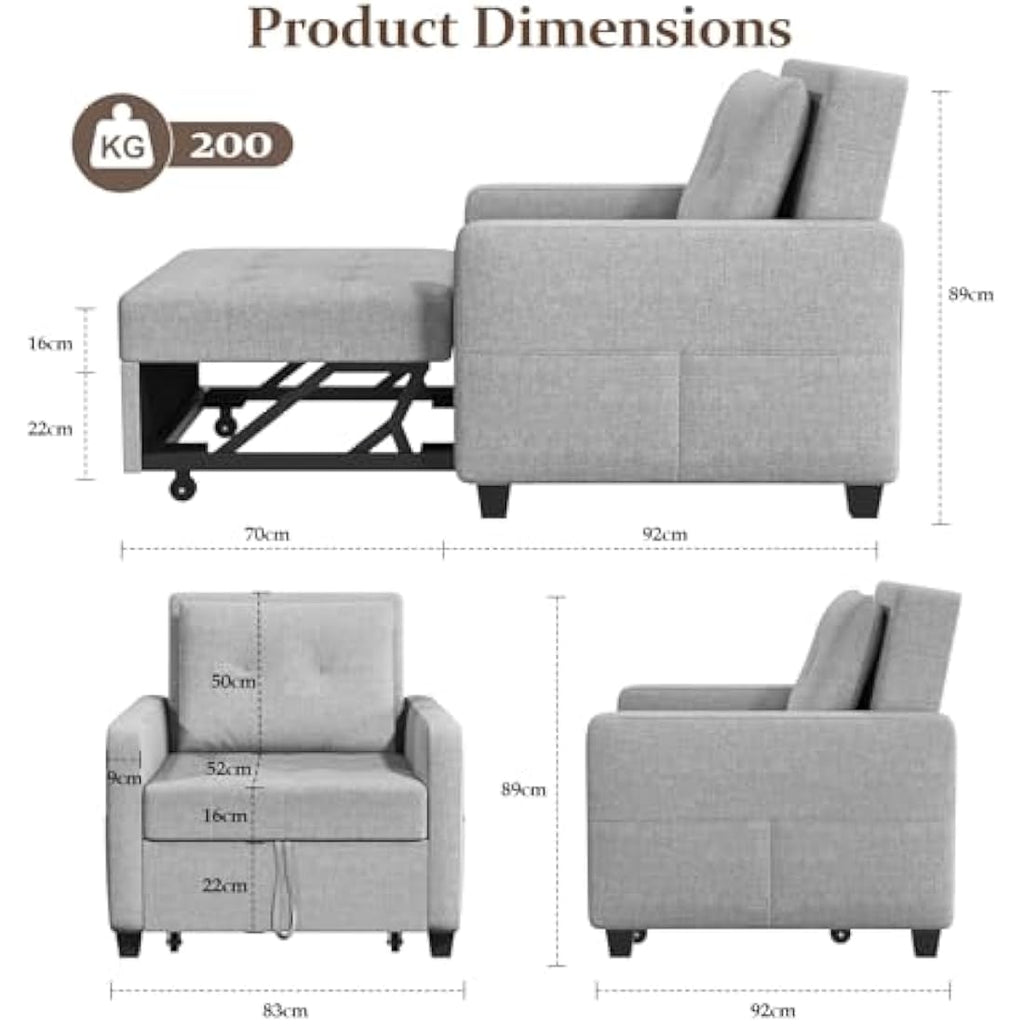 Vesgantti 3-in-1 Convertible Sleeper Chair Bed | Light Grey Linen Fabric