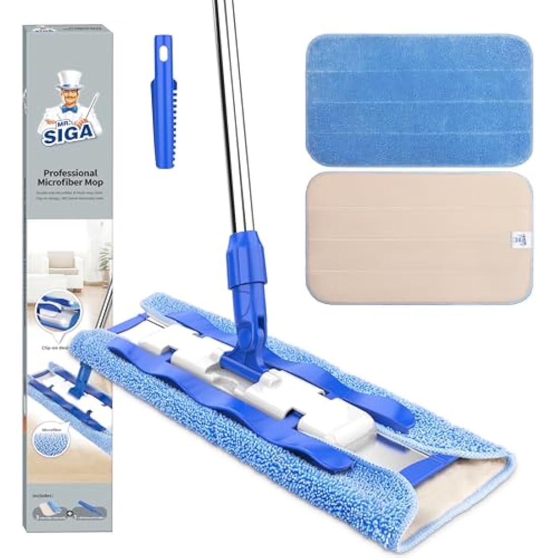 MR.SIGA Professional Microfiber Mop - Stainless Steel Handle with 3 Pads