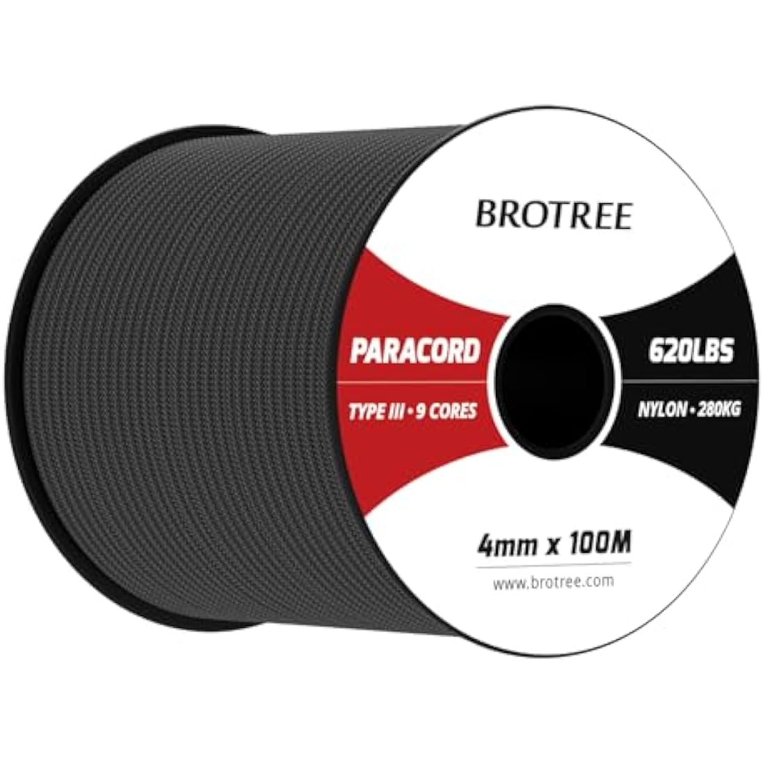 Brotree 4mm 9-Strand Nylon Paracord – 100M Type III Parachute Cord, Black