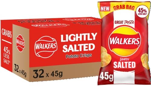 Walkers Less Salt Lightly Salted Crisps – 45g Potato Chips (Case of 32)