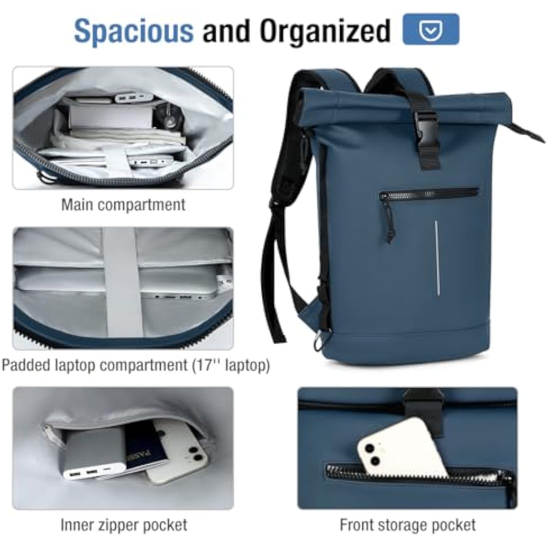 Lekeinchi 17-Inch Waterproof Roll Top Laptop Backpack - Blue
