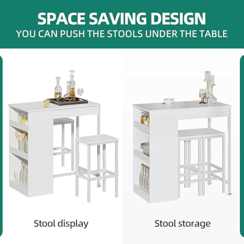 YITAHOME 3-Piece Industrial Bar Table Set with 2 Stools & Storage - White