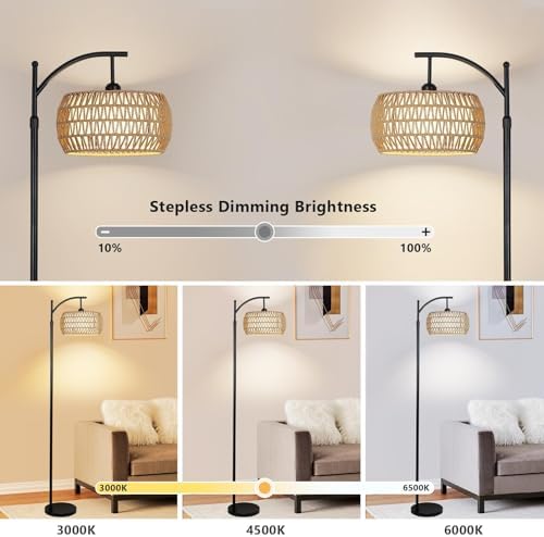 Rayofly Arc Floor Lamp | Dimmable Boho Standing Lamp with Rattan Shade