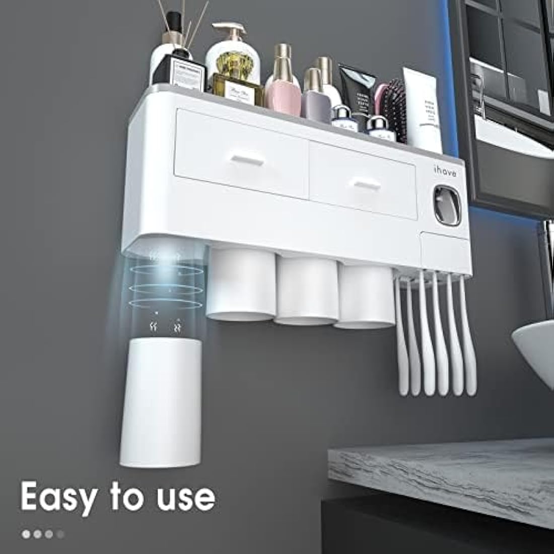 iHave Wall Mounted Toothbrush Holder with 4 Cups & Toothpaste Dispenser